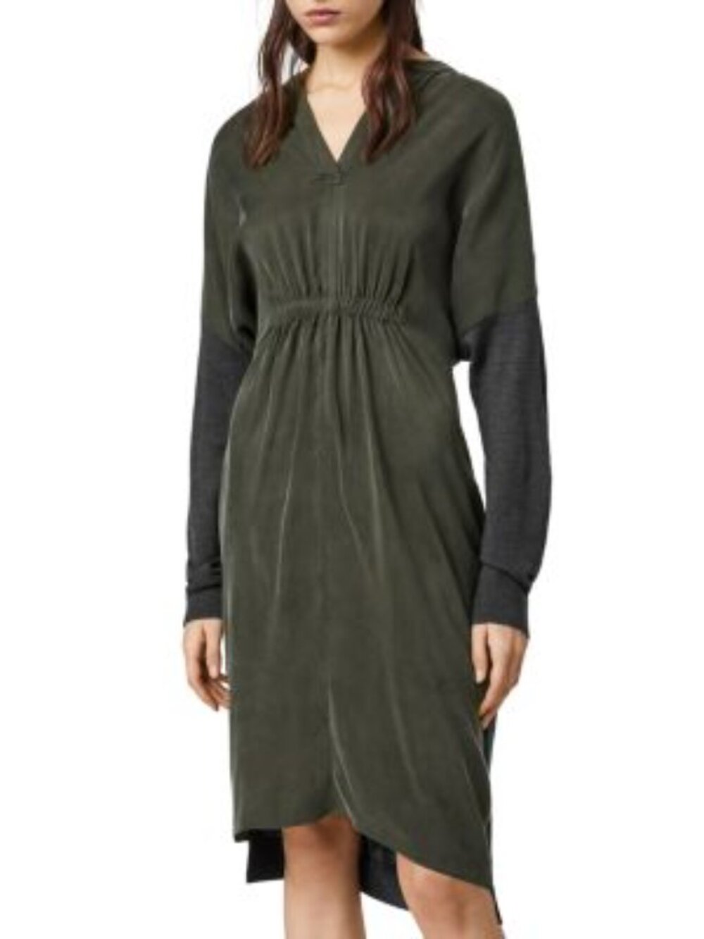 ALL SAINTS Lorca Dress Long Sleeve Wool Cupro V Neck Green Gray Small